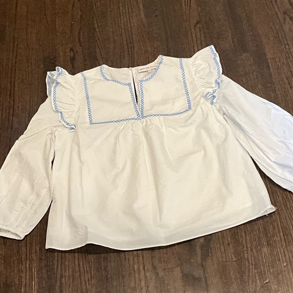 English Factory White Blouse with Blue Embroidered Trim and Ruffle Detail - Picture 2 of 8